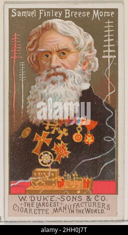 Samuel Finley Breese Morse, aus der Serie Great Americans (N76) für Zigaretten der Marke Duke 1888, herausgegeben von W. Duke, Sons & Co. Tauschkarten aus der Serie 'Great Americans' (N76), die 50 in einem Satz von 1888 Karten ausgegeben wurden, um Zigaretten der Marke W. Duke Sons & Co. Zu bewerben. Es gibt zwei Varianten der Beecher-Karte, eine, in der er nach links und eine, in der er nach rechts zeigt. Dies ist die nach links gerichtete Variante. Samuel Finley Breese Morse, aus der Serie Great Americans (N76) für Zigaretten der Marke Duke. 1888. Kommerzielle Farblithographie. Herausgegeben von W. Duke, Sons & Co. (New York und Durham, N.C.) Stockfoto