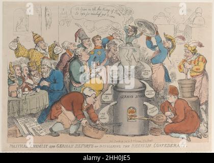 Politischer Chemiker und Deutscher retortet oder löst die Rheinische Konföderation auf 12. Dezember 1813 Thomas Rowlandson Ein kleiner Napoleon wird in einem Glasgefäß auf einem 'deutschen Ofen' zum Auflösungspunkt erhitzt. Mit dem Schiff sind zwei Retorts verbunden, die mit den Inschriften „Intrige und Villainy“ und „Ehrgeiz und Torheit“ beschriftet sind. Vier sind mit dem Herd verbunden und mit der Aufschrift „Gaskonade und Lügen“, „Feuer und Schwert“, „Arroganz und Greuel“ und „Mord und Plünderung“ versehen. Die Darstellung der europäischen Mächte umgibt die Szene. Der politische Chemiker und Deutsche widersetzt oder löst die rheinische Konföderation auf. Thomas Stockfoto