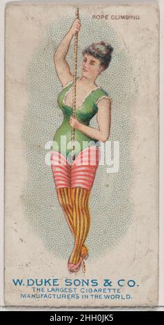 Seilklettern, aus der Serie Gymnastic Exercises (N77) für Zigaretten der Marke Duke 1887, herausgegeben von W. Duke, Sons & Co. American Trade Cards aus der Serie „Gymnastic Exercises“ (N77), die 25 in einem Satz von 1887 Karten ausgegeben wurden, um Zigaretten der Marke W. Duke Sons & Co. Zu bewerben. Es gibt zwei Versionen der Serie. Alle Bilder sind gleich, aber der gedruckte Text ist in einem Satz blau und in dem anderen braun. Seilklettern, aus der Gymnastik-Übungsserie (N77) für Zigaretten der Marke Duke. 1887. Kommerzielle Farblithographie. Herausgegeben von W. Duke, Sons & Co. (New York und Durham, N.C.) Stockfoto