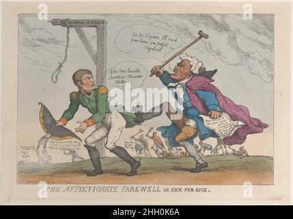 Der liebevolle Abschied, oder Kick for Kick 17. April 1814 Thomas Rowlandson British Napoleon steht neben einem gibbet, das lautet: 'Die Insel Elba'. Er sagt: „Votre tres Humbler serviteur Monsieur Tally“. Neben ihm setzt Tallyrand einen heftigen tritt und schwingt seinen Stock, hält ein Papier mit der Aufschrift: 'Abdankung der letzten sterbenden Rede eines Mörders, der dem Teufel den ersten schönen Wind in die Hände zu legen hat' und sagt: 'VA t'en Coquin. Ich werde Eure Krone, Ihr erbärmlichen Vagabunden, knacken.“ Dahinter stehen die Opfer der vielen französischen Kampagnen, eine Reihe von Männern auf Krücken. Der Liebevolle Abschied, Stockfoto