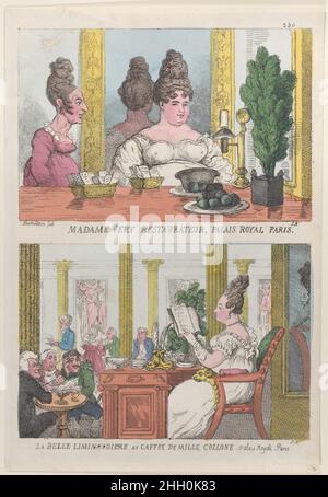 Madame Very Restauranteur, Palais Royal Paris und La Belle Liminaudiere au Caffee De Mille Collone, Palais Royale Paris 1814 Thomas Rowlandson zwei Bilder auf einem Blatt. Oben sitzt eine Frau mit ihren hochgestapelten Haaren an einem Tisch mit einem Spiegel hinter ihr. Vor ihr befinden sich Tabletts, die mit Karten, Obst, einer Pflanze und einer Leselampe gefüllt sind. Unten sitzt eine modisch gekleidete Frau an einem kunstvoll verzierten Stuhl und Tisch und studiert oben eine Broschüre mit der Aufschrift „Paris“. Drei Männer sind von einem Tisch unten links auf sie gesogen. Madame Very Restauranteur, Palais Royal Paris und La Belle Liminaudiere au Caffee De Mill Stockfoto