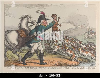 Coming in at the Death of the Corsican Fox, Scene the Last April 12, 1814 Thomas Rowlandson British Blucher hält einen Fuchs mit dem Kopf Napoleons vor einem Jagdhund, jeder trägt einen Kragen mit dem Namen eines alliierten Generals. Beim Tod des korsischen Fuchses einkommend, Szene der Letzte. Thomas Rowlandson (British, London 1757–1827 London). 12. April 1814. Handkolorierte Radierung. Rudolph Ackermann, London (tätig 1794–1829). Ausdrucke Stockfoto