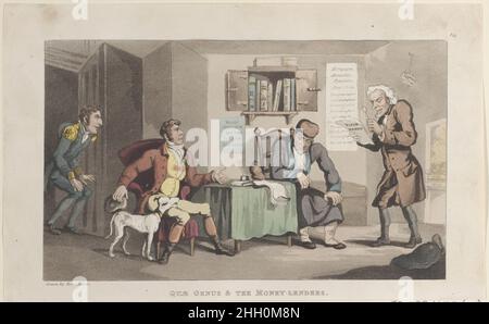 Quae Genus & die Geldverleiher, aus 'The History of Johnny Quae Genus, the Little Findling of the late Doctor Syntax' 1. September 1821 Thomas Rowlandson. Quae Genus & die Geldverleiher, aus 'The History of Johnny Quae Genus, the Little Findling of the late Doctor Syntax'. „The History of Johnny Quae Genus, the Little Findling of the late Doctor Syntax“. Thomas Rowlandson (British, London 1757–1827 London). 1. September 1821. Handkolorierte Radierung und Aquatinta. Rudolph Ackermann, London (tätig 1794–1829). Ausdrucke Stockfoto