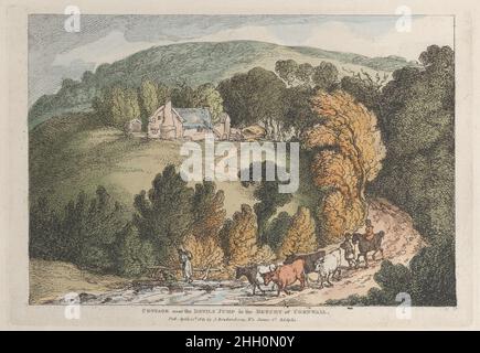 Blick auf die Kirche und das Dorf von St. Cue, Cornwall, aus 'Views in Cornwall' 12. April 1812 Thomas Rowlandson. Blick auf die Kirche und das Dorf von St. Cue, Cornwall, von 'Views in Cornwall'. „Aussicht in Cornwall“. Thomas Rowlandson (British, London 1757–1827 London). 12. April 1812. Handkolorierte Radierung. Ausdrucke Stockfoto