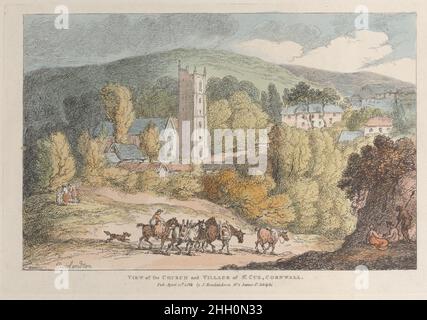 Blick auf die Kirche und das Dorf von St. Cue, Cornwall, aus 'Views in Cornwall' 12. April 1812 Thomas Rowlandson. Blick auf die Kirche und das Dorf von St. Cue, Cornwall, von 'Views in Cornwall'. „Aussicht in Cornwall“. Thomas Rowlandson (British, London 1757–1827 London). 12. April 1812. Handkolorierte Radierung. Ausdrucke Stockfoto