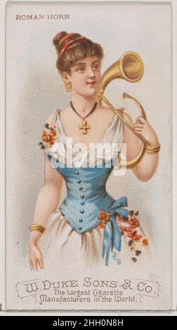 Roman Horn, aus der Musikinstrumenten-Serie (N82) für Zigaretten der Marke Duke 1888, herausgegeben von W. Duke, Sons & Co. American Trade Cards aus der Serie „Musikinstrumente“ (N82), herausgegeben in einem Satz von 50 Karten im Jahr 1888, um Zigaretten der Marke W. Duke Sons & Co. Zu bewerben. Roman Horn, aus der Reihe Musikinstrumente (N82) für Zigaretten der Marke Duke. 1888. Kommerzielle Farblithographie. Herausgegeben von W. Duke, Sons & Co. (New York und Durham, N.C.) Stockfoto