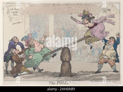 Die Umfrage 12. April 1784 Thomas Rowlandson Eine Stichsäge, die die Wahlen zwischen Wray und Fox am Wahllokal hinter ihnen in Covent Garden darstellt. Mrs. Hobart ist auf der linken Seite der Säge mit Lord Hood und Sir Cecil Wray neben ihr, und die Herzogin von Devonshire ist auf der rechten Seite mit Charles James Fox neben ihr.. Die Umfrage Thomas Rowlandson (British, London 1757–1827 London). 12. April 1784. Handkolorierte Radierung. William Humphrey (britisch, 1742?–in oder vor 1814). Samuel Hood, 1st Viscount Hood (Großbritannien, 1724–1816). Ausdrucke Stockfoto