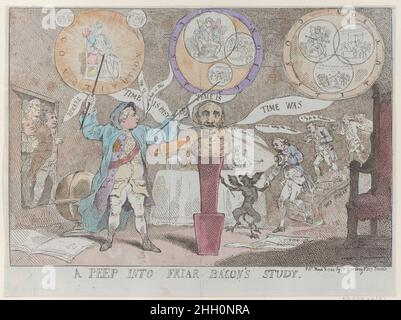 Ein Blick in die Studie von Friar Bacon 3. März 1784 Thomas Rowlandson König George III. Wird als Bruder Bacon dargestellt, steht im Raum eines Zauberers und hält Zeiger auf drei Kreise, die die Verfassung in verschiedenen Zeitabschnitten repräsentieren. Von links nach rechts sind sie mit der Aufschrift „Zeit ist vorbei“, „Zeit ist vorbei“ und „Zeit war“ beschriftet. Die erste zeigt den König, der auf einem Thron sitzt, umgeben von Strahlen der Herrlichkeit, die von ihm ausgehen. Auf der Außenseite sitzen zwei kleine Kreise der beiden Parlamentsgebäude. Der zweite hat drei Kreise in ihm, der König ist der größte, gefolgt vom House of Lords, und die Stockfoto