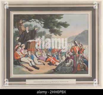 Soldaten, die am Gottesdienst teilnahmen 1. August 1798 Heinrich Joseph Schütz Soldaten versammelten sich um einen Priester, der links eine Predigt hielt. Soldaten, Die Am Gottesdienst Teilnehmen. Heinrich Joseph Schütz (Deutsch, Frankfurt 1760–1822 Frankfurt). 1. August 1798. Handkolorierte Radierung und Aquatinta. Rudolph Ackermann, London (tätig 1794–1829). Ausdrucke Stockfoto