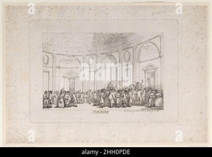 The Bank January 1792 (Neuaufgelegt) Thomas Rowlandson das Innere der Rotunde von Sir Robert Taylor in der Bank of England, als sie als Börse genutzt wurde. Rechts steht ein Mann mit einem aufgespannten Hut über einer Menge begeisterter Bieter. An der Wand über seinem Kopf steht die Nachricht: 'Kein Sachbearbeiter, der als Vermittler fungiert.' Die Bank. Januar 1792 (neu aufgelegt). Handkolorierte Radierung. S. W. Fores (London). Ausdrucke Stockfoto