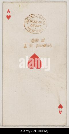 Herz-As (rot), aus der Spielkarten-Serie (N84) für Zigaretten der Marke Duke 1888, herausgegeben von W. Duke, Sons & Co. American Trade Cards aus der Serie „Spielkarten“ (N84), herausgegeben in einem Satz von 53 Karten im Jahr 1888, um Zigaretten der Marke W. Duke Sons & Co. Zu bewerben. Die Versos zeigen ein passendes abstraktes Blumenmuster. Der Joker und das Pik-As zeigen eine Anzeige für Zigaretten der Marke Duke. Neben den Zigaretten des Herzogs wurde auch der gleiche Satz von Spielkarten veröffentlicht, um die türkischen Cross Cut Zigaretten zu fördern. Ass der Herzen (rot), aus der Spielkarten-Serie (N84) für Zigaretten der Marke Duke. 1888. Kom Stockfoto