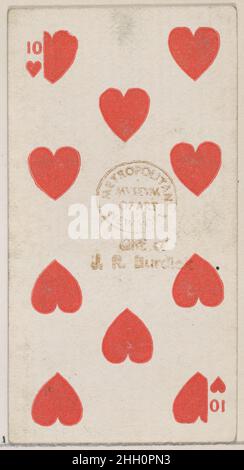 Zehn Herzen (rot), aus der Spielkarten-Serie (N84) für Zigaretten der Marke Duke 1888, herausgegeben von W. Duke, Sons & Co. American Trade Cards aus der Serie „Spielkarten“ (N84), herausgegeben in einem Satz von 53 Karten im Jahr 1888, um Zigaretten der Marke W. Duke Sons & Co. Zu bewerben. Die Versos zeigen ein passendes abstraktes Blumenmuster. Der Joker und das Pik-As zeigen eine Anzeige für Zigaretten der Marke Duke. Neben den Zigaretten des Herzogs wurde auch der gleiche Satz von Spielkarten veröffentlicht, um die türkischen Cross Cut Zigaretten zu fördern. Zehn Herzen (rot), aus der Spielkarten-Serie (N84) für Zigaretten der Marke Duke. 1888. Kommercia Stockfoto
