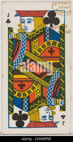 Jack of Clubs (schwarz), aus der Spielkarten-Serie (N84) für Zigaretten der Marke Duke 1888, herausgegeben von W. Duke, Sons & Co. American Trade Cards aus der Serie „Spielkarten“ (N84), herausgegeben in einem Satz von 53 Karten im Jahr 1888, um Zigaretten der Marke W. Duke Sons & Co. Zu bewerben. Die Versos zeigen ein passendes abstraktes Blumenmuster. Der Joker und das Pik-As zeigen eine Anzeige für Zigaretten der Marke Duke. Neben den Zigaretten des Herzogs wurde auch der gleiche Satz von Spielkarten veröffentlicht, um die türkischen Cross Cut Zigaretten zu fördern. Jack of Clubs (schwarz), aus der Spielkarten-Serie (N84) für Zigaretten der Marke Duke. 1888. Stockfoto