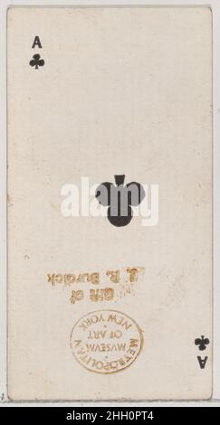 ACE of Clubs (schwarz), aus der Spielkarten-Serie (N84) für Zigaretten der Marke Duke 1888, herausgegeben von W. Duke, Sons & Co. American Trade Cards aus der Serie 'Playing Cards' (N84), herausgegeben in einem Satz von 53 Karten im Jahr 1888, um Zigaretten der Marke W. Duke Sons & Co. Zu bewerben. Die Versos zeigen ein passendes abstraktes Blumenmuster. Der Joker und das Pik-As zeigen eine Anzeige für Zigaretten der Marke Duke. Neben den Zigaretten des Herzogs wurde auch der gleiche Satz von Spielkarten veröffentlicht, um die türkischen Cross Cut Zigaretten zu fördern. ACE of Clubs (schwarz), aus der Playing Cards-Serie (N84) für Zigaretten der Marke Duke. 1888. C Stockfoto