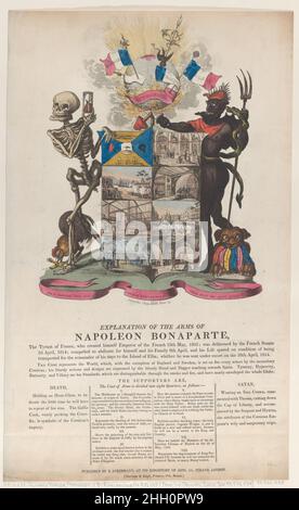 Erklärung der Waffen Napoleons Bonaparte April 1814 Thomas Rowlandson. Erklärung der Waffen Napoleons Bonaparte. Thomas Rowlandson (British, London 1757–1827 London). April 1814. Handkolorierte Radierung und Aquatinta, Buchdruck. Rudolph Ackermann, London (tätig 1794–1829). Ausdrucke Stockfoto