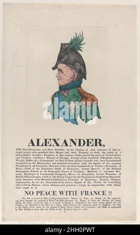 Alexander April 1814 Thomas Rowlandson Broadside feiert die Leistungen von Zar Alexander I. gegen Napoleon.. Alexander. Thomas Rowlandson (British, London 1757–1827 London). April 1814. Handkolorierte Radierung, Buchdruck. Ausdrucke Stockfoto