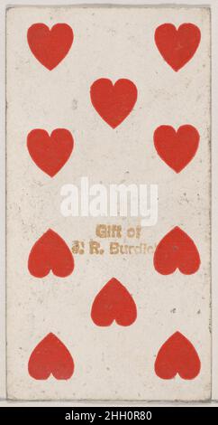 Ten Hearts, aus der Spielkarten-Serie (N84) zur Förderung türkischer Cross-Cut-Zigaretten für W. Duke, Sons und Co. 1888, herausgegeben von W. Duke, Sons & Co. American Trade Cards aus der Spielkarten-Serie (N84), Im Jahr 1888 in einem Satz von 53 Karten ausgegeben, um die von W. Duke Sons & Co. Produzierten türkischen Cross-Cut-Zigaretten zu bewerben. Der Joker wirbt für Zigaretten der Marke Duke und das Ace of Spades zeigt eine Anzeige für türkische Cross-Cut-Zigaretten. Neben dem türkischen Cross-Cut wurde auch eine Version desselben Spielkartenspiels veröffentlicht, um t zu fördern Stockfoto