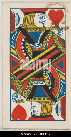 Jack of Hearts, aus der Spielkarten-Serie (N84) zur Förderung türkischer Cross-Cut-Zigaretten für W. Duke, Sons und Co. 1888, herausgegeben von W. Duke, Sons & Co. American Trade Cards aus der Spielkarten-Serie (N84), Im Jahr 1888 in einem Satz von 53 Karten ausgegeben, um die von W. Duke Sons & Co. Produzierten türkischen Cross-Cut-Zigaretten zu bewerben. Der Joker wirbt für Zigaretten der Marke Duke und das Ace of Spades zeigt eine Anzeige für türkische Cross-Cut-Zigaretten. Neben dem türkischen Cross-Cut wurde auch eine Version desselben Spielkartenspiels für die Promo veröffentlicht Stockfoto