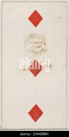 Three Diamonds, aus der Spielkarten-Serie (N84) zur Förderung türkischer Cross-Cut-Zigaretten für W. Duke, Sons und Co. 1888, herausgegeben von W. Duke, Sons & Co. American Trade Cards aus der Spielkarten-Serie (N84), Im Jahr 1888 in einem Satz von 53 Karten ausgegeben, um die von W. Duke Sons & Co. Produzierten türkischen Cross-Cut-Zigaretten zu bewerben. Der Joker wirbt für Zigaretten der Marke Duke und das Ace of Spades zeigt eine Anzeige für türkische Cross-Cut-Zigaretten. Neben dem türkischen Cross-Cut wurde auch eine Version desselben Spielkartenspiels für die Promo veröffentlicht Stockfoto