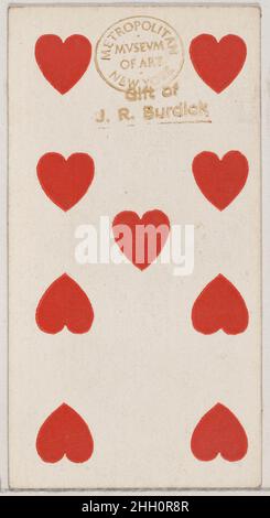 Nine Hearts, aus der Spielkarten-Serie (N84) zur Förderung türkischer Cross-Cut-Zigaretten für W. Duke, Sons und Co. 1888, herausgegeben von W. Duke, Sons & Co. American Trade Cards aus der Spielkarten-Serie (N84), Im Jahr 1888 in einem Satz von 53 Karten ausgegeben, um die von W. Duke Sons & Co. Produzierten türkischen Cross-Cut-Zigaretten zu bewerben. Der Joker wirbt für Zigaretten der Marke Duke und das Ace of Spades zeigt eine Anzeige für türkische Cross-Cut-Zigaretten. Neben dem türkischen Cross-Cut wurde auch eine Version desselben Spielkartenspiels veröffentlicht, um Werbung zu machen Stockfoto