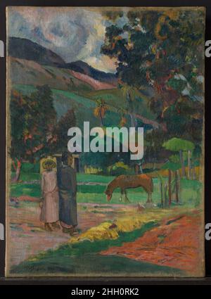 Tahitian Landscape 1892 Paul Gauguin Französisch Obwohl die Urheberschaft dieses Bildes einmal in Frage gestellt wurde, haben Reinigung und erneute Untersuchung sicher gezeigt, dass es sich um eine Gruppe von Landschaften handelt, die Gauguin während seines ersten Aufenthalts auf Tahiti malte und kleine Figuren und eine Hütte inmitten tropischer Vegetation zeigt. Auf diesem Bild sind Zeichnungen zu dem Paar und dem Pferd zu sehen, die das Auge des Künstlers für lokale Details bezeugen. Dies war das erste Gemälde von Gauguin in die Sammlung des Metropoliten, durch Spende im Jahr 1939.. Tahitische Landschaft. Paul Gauguin (Französisch, Paris 1848–1903 Atuona, Hi Stockfoto