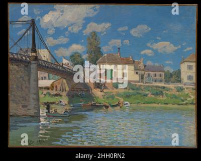 Die Brücke in Villeneuve-la-Garenne 1872 Alfred Sisley Brite vor kurzem erbaute, hochmoderne Brücken, die für die Moderne stehen, erscheinen in einer Reihe von Sisleys Gemälden der Jahre 1870s und Anfang 1880s. Diese Nahaufnahme, dramatisch abgewinkelt, zeigt die gusseiserne und steinerne Hängebrücke, die 1844 gebaut wurde, um das Dorf Villeneuve-la-Garenne mit dem Pariser Vorort Saint-Denis zu verbinden. Sisley belebte die Szene, indem er Urlauber auf der seine und am Flussufer zeigte. Flache Farbschläge mit hoher Tastenfarbe vermitteln die flüchtige Wirkung des Sonnenlichts auf das Wasser. Kaufen Sie ein Custom Print Stockfoto