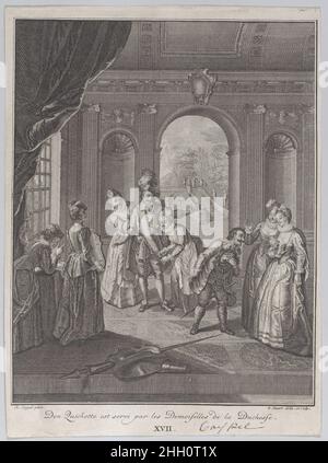 Teller 17: Don Quixote wird von den Damen der Herzogin (Don Quichotte est servi par les Demoiselles de la Duchesse) 1745 Bernard Picart serviert. Teller 17: Don Quixote wird von den Damen der Herzogin (Don Quichotte est servi par les Demoiselles de la Duchesse) serviert. Don Quixote. Bernard Picart (Französisch, Paris 1673–1733 Amsterdam). 1745. Radierung und Gravur. Ausdrucke Stockfoto