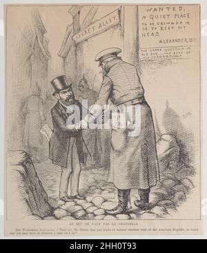 Le Jeu Ne Vaut Pas La Chandelle (The Game is Not Worth a Candle) 1881–83 Thomas Nast The American robber baron Jay Gould (1832–1896) shakes hands wih the Russian Tsar Alexander in a secret alley. Text at right on a wall reads: "Wanted, a quiet place to be crowned in, or to rest my head. / Alexander III(?) / The grand question of the day.–The date of the coronation?" Alexander's father was assassinated in March 1881 but he was not crowed until May 1883.. Le Jeu Ne Vaut Pas La Chandelle (The Game is Not Worth a Candle). Thomas Nast (American (born Germany), Landau 1840–1902 Guayaquil). 1881–83. Stockfoto