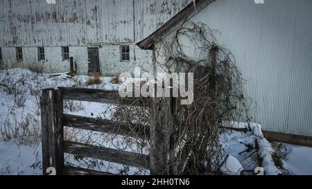 Schnee bedeckt den Boden rund um die alte Scheune. Stockfoto