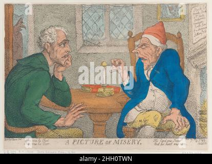 Ein Bild des Elends 10. April 1811 Thomas Rowlandson ein alter Geizhals sitzt zwischen dem Kamin und einem Tisch und schnappt sich eine Kerze. Er ignoriert einen Mann, der ihm gegenüber sitzt und in Qualen wartet. Auf dem Tisch steht ein großes Buch, 'Table of Interest'. Ein Bild des Elends. Thomas Rowlandson (British, London 1757–1827 London). 10. April 1811. Handkolorierte Radierung. Thomas Tegg (Großbritannien, 1776–1846). Ausdrucke Stockfoto