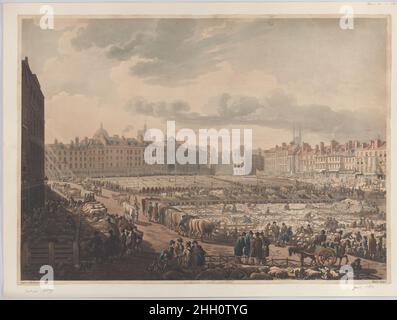 Eine Vogelperspektive auf den Smithfield Market, aufgenommen vom Bear & Ragged Staff 1. Januar 1811 nach Thomas Rowlandson. Ein Blick aus der Vogelperspektive auf den Smithfield Market, aufgenommen vom Bear & Ragged Personal. Nach Thomas Rowlandson (British, London 1757–1827 London). 1. Januar 1811. Handkolorierte Radierung und Aquatinta. Rudolph Ackermann, London (tätig 1794–1829). Ausdrucke Stockfoto