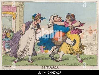 Spucksfeuer [25. Oktober 1810], Nachdruck Thomas Rowlandson zwei Frauen stehen sich im Vordergrund gegenüber. Einer spuckt auf ihren Feind, während der andere versucht, sie zu schlagen, wird aber von einem Mann zurückgehalten. Spuckt Feuer. Thomas Rowlandson (British, London 1757–1827 London). [25. Oktober 1810], Nachdruck. Handkolorierte Radierung. Thomas Tegg (Großbritannien, 1776–1846). Ausdrucke Stockfoto