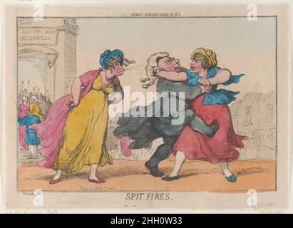 Spucken 25. Oktober 1810 Thomas Rowlandson zwei Frauen stehen sich im Vordergrund. Einer spuckt auf ihren Feind, während der andere versucht, sie zu schlagen, wird aber von einem Mann zurückgehalten. Spuckt Feuer. Thomas Rowlandson (British, London 1757–1827 London). 25. Oktober 1810. Handkolorierte Radierung. Thomas Tegg (Großbritannien, 1776–1846). Ausdrucke Stockfoto