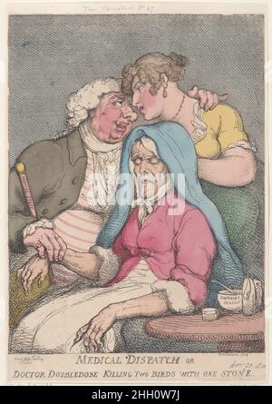 Medizinische Entsendung oder Arzt Doppeldosis Tötung von zwei Vögeln mit einem Stein 20. November 1810 Thomas Rowlandson eine ältere Frau sitzt in einem Sessel, während ein Arzt ihr Handgelenk hält und seinen Arm um eine junge Frau legt, die sich auf den Stuhlrücken lehnt. Sie blicken einander in die Augen. Auf dem Tisch am Ellenbogen der alten Frau befinden sich Medikamentenfläschchen, eine Schale mit „Composing Draft“ und eine Pillenbox mit der Aufschrift „Opium“. Der Arzt hat einen goldköpfigen Stock mit der Aufschrift „medizinisches Personal“. Ärztlicher Dispatch oder Arzt Doppeldosis Tötung zwei Vögel mit einem Stein. Thomas Rowlandson (British, London 1757–1827 London). Novemb Stockfoto