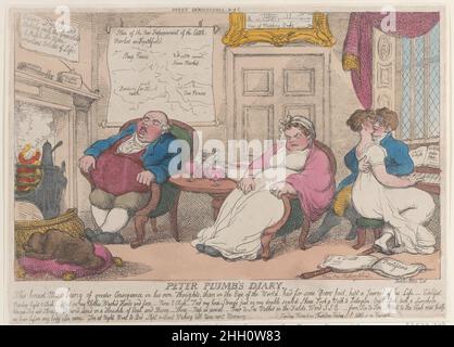 Peter Plumbs Tagebuch 20. Mai 1810 Thomas Rowlandson wird später mit dem Datum gelöscht.Ein dickes Paar schläft in Sesseln am Kamin, während sich eine junge Frau und ein junger Mann rechts am Klavier küssen. Peter Plumbs Tagebuch. Thomas Rowlandson (British, London 1757–1827 London). 20.Mai 1810. Handkolorierte Radierung. Thomas Tegg (Großbritannien, 1776–1846). Ausdrucke Stockfoto