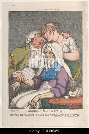 Medizinische Entsendung oder Arzt Doppeldosis Tötung von zwei Vögeln mit einem Stein 20. November 1810 Thomas Rowlandson eine ältere Frau sitzt in einem Sessel, während ein Arzt ihr Handgelenk hält und seinen Arm um eine junge Frau legt, die sich auf den Stuhlrücken lehnt. Sie blicken einander in die Augen. Auf dem Tisch am Ellenbogen der alten Frau befinden sich Medikamentenfläschchen, eine Schale mit „Composing Draft“ und eine Pillenbox mit der Aufschrift „Opium“. Der Arzt hat einen goldköpfigen Stock mit der Aufschrift „medizinisches Personal“. Ärztlicher Dispatch oder Arzt Doppeldosis Tötung zwei Vögel mit einem Stein. Thomas Rowlandson (British, London 1757–1827 London). Novemb Stockfoto