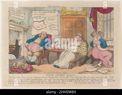 Peter Plumbs Tagebuch 20. Mai 1810 Thomas Rowlandson Ein dickes Paar schläft in Sesseln am Kamin, während eine junge Frau und ein junger Mann sich rechts am Klavier küssen. Peter Plumbs Tagebuch. Thomas Rowlandson (British, London 1757–1827 London). 20.Mai 1810. Handkolorierte Radierung. Thomas Tegg (Großbritannien, 1776–1846). Ausdrucke Stockfoto