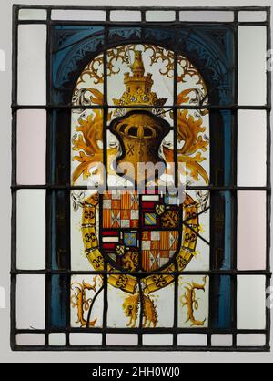 Heraldische Tafel mit Wappen des Hauses Habsburg ca. 1504–6 Südniederländisch die Gravensteen in Gent waren die Hauptdomäne der Habsburger in Südflandern. Diese Buntglasscheiben, die vermutlich von dieser kaiserlichen Residenz stammen, gehören zu einer größeren Serie, die entweder von Maximilian I. oder Karl V. bestellt wurde. Von links nach rechts sind die Wappen von Maximilian I., Philipp dem Schönen, Karl V. und Heinrich, Graf von Nassau. Heraldische Tafel mit Wappen des Hauses Habsburg. Südniederländisch. Ca. 1504–6. Glas aus Metall, Weißglas, Glasfarbe und Silberfleck. Hergestellt in möglicherweise Ghen Stockfoto