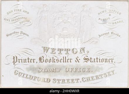 Handelskarte für Wetton, Drucker, Buchhändler und Stationer 19th Century Anonymous, British, 19th Century Dieses Objekt befindet sich in einem Album mit britischen Handelskarten aus den Sammlungen von Bella C. Landauer, Ambrose Heal und anderen. Der Begriff „Handelskarte“ stammt aus dem 19. Jahrhundert und bezieht sich auf eine Karte, die die Dienstleistungen einer Person oder eines Unternehmens bewirbt. Handelskarten des 18. Jahrhunderts wurden oft auf dünnen Blättern gedruckt und als „Handelskarten“, „Handelsrechnungen“ oder „Ladenrechnungen“ bezeichnet. Während der viktorianischen Zeit wurden die Visitenkarten häufig auf Pasteboard und verstärkt Stockfoto