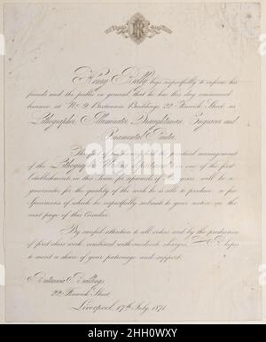 Handelskarte für Henry Rielly, Lithograph, Illuminator, Zeichner, Graveur, Und ornamentaler Drucker 19th Century Anonymous, British, 19th Century Dieses Objekt befindet sich in einem Album britischer Handelskarten aus den Sammlungen von Bella C. Landauer, Ambrose Heal und anderen. Der Begriff „Handelskarte“ stammt aus dem 19. Jahrhundert und bezieht sich auf eine Karte, die die Dienstleistungen einer Person oder eines Unternehmens bewirbt. Handelskarten des 18. Jahrhunderts wurden oft auf dünnen Blättern gedruckt und als „Handelskarten“, „Handelsrechnungen“ oder „Ladenrechnungen“ bezeichnet. Während der viktorianischen Ära, Handel Stockfoto
