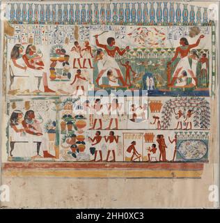 Nordseite der Westmauer von Nakht's Opferkapelle 1908–1914; Original ca. 1410–1370 v. Chr. 20. Jahrhundert; ursprüngliches Neues Königreich Norman de Garis Davies. Nordseite der Westwand der Opferkapelle von Nakht. Norman de Garis Davies (1865–1941). 1908–1914; Original ca. 1410–1370 V. CHR. Tempera auf Papier. Zwanzigstes Jahrhundert; ursprüngliches Neues Königreich. Aus Ägypten, Oberägypten, Theben, Scheich Abd el-Qurna, Grab von Nakht (TT 52), Kapelle, Westwand, Nordseite [PM (6)], MMA Graphic Section, 1907–1914. Dynastie 18 Stockfoto