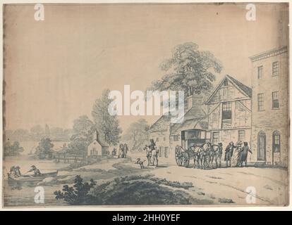 Ein Bus vor einem Gasthaus 1785–90 Thomas Rowlandson Ein Landgasthof mit einem Wagen hielt vor der Tür und eine Dame und zwei Herr betraten die Eingangstür. Andere Paare schlendern entlang der Straße in der Nähe einer kleinen Kapelle und auf einem Fluss oder See auf der linken Seite, ein Mann rudert ein anderes Paar in Richtung Ufer. Ein Bus vor einem Gasthaus. Thomas Rowlandson (British, London 1757–1827 London). 1785–90. Ätzung und Aquatinta. Ausdrucke Stockfoto