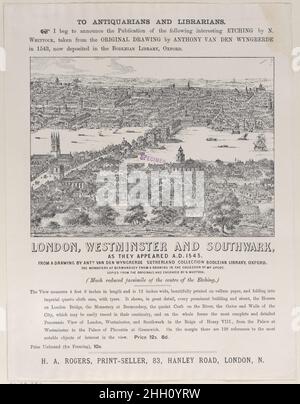 Tauschkarte für London, Westminster und Southwark, wie sie erschienen AD 1543 19th Jahrhundert Nathaniel Whittock. Tauschkarte für London, Westminster und Southwark, wie sie 1543 n. Chr. erschienen. Nathaniel Whittock (Großbritannien, London 1791–1860). 19th Jahrhundert. Gravur Stockfoto