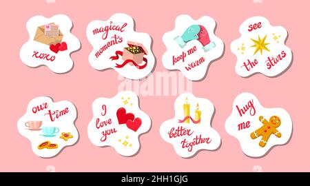 Set von bunten Sticker zum Valentinstag für Verliebte, in weißen Wolken, spezielle romantische Handschriftenphrasen, Botschaften, Symbole Stock Vektor