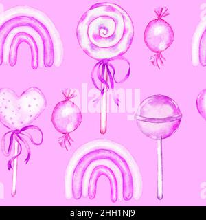Aquarell von Hand gezeichnet nahtloses Muster mit pastellrosa Lollipop Süßigkeiten Süßigkeiten hatten Zucker Baumwolle Süßigkeiten Karamell. Süßes Dessert Essen für Mädchen Geburtstagsfeier. Druck für das Einwickeln von Papiertextilien Stockfoto