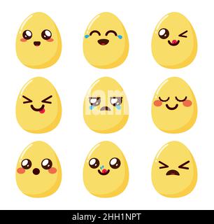 Emojis Eizellen-Vektor-Set-Design. Kawaii Emoji-Figuren mit fröhlichen, niedlichen und traurigen Gesichtsausdrücken in ovalen Gesichtern für die ostereierjagd. Stock Vektor