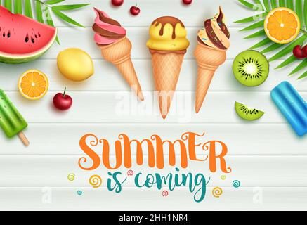 Sommer Vektor Vorlage Design. Hallo Sommer Text mit tropischen Elementen von Flamingo, Eis und Palmenblätter Objekte für die Weihnachtszeit Gruß. Stock Vektor