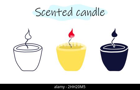 Eine aromatische Kerze in Form eines Glases mit brennender Flamme. Vektor-Illustration in Farbe, linear und einfarbig auf weißem Hintergrund. Stock Vektor