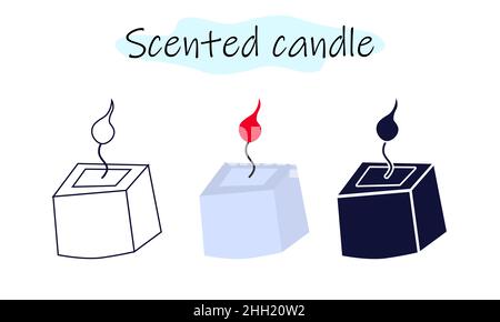 Eine aromatische Kerze in Form eines Würfels mit brennendem Feuer. Aromatherapie. Vektor-Illustration in Farbe, linear und solide Design auf einem weißen Stock Vektor