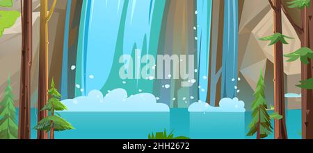 Sommerlandschaft mit Wasserfall zwischen Felsen. Kaskade schimmert nach unten. Schaum und Spray. Fließendes Wasser. Schöner Cartoon-Stil. Flaches Design. Vektor. Stock Vektor